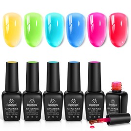 Beetles Jelly Gel Nail Polish Set, 6 Colors Summer Neon Gel Nail Polish Kit Sheer Transparent Effect Hot Pink Red Blue Yellow Green French Nail Art Tropical Glow Series Manicure Gift for Women