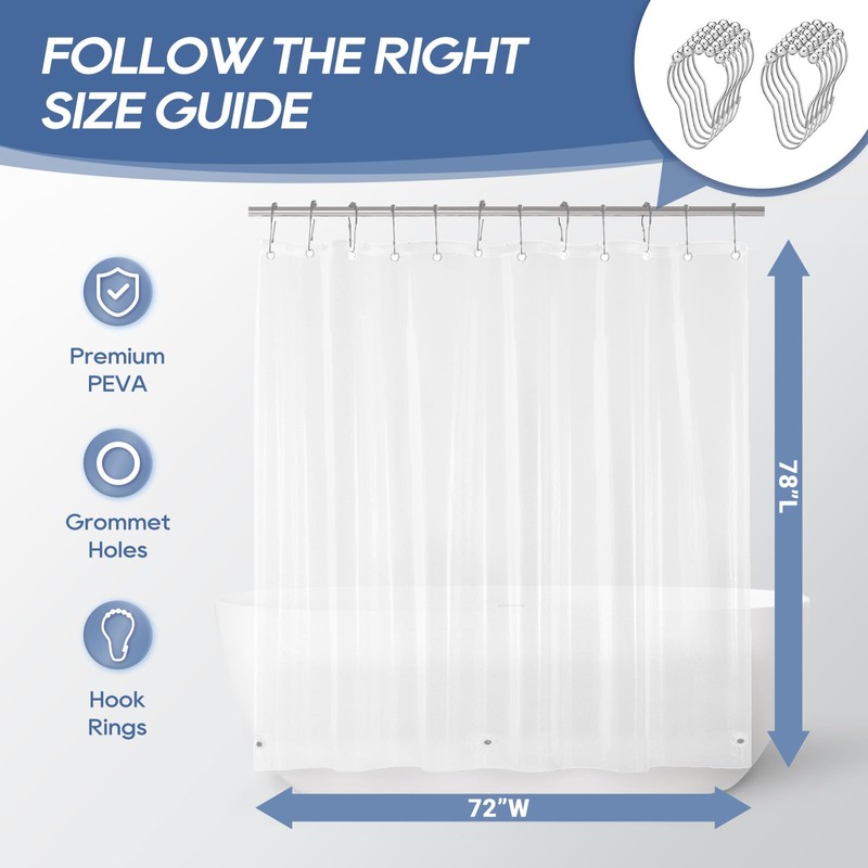 downluxe Clear Shower Curtain Liner with Hooks, PEVA Plastic Shower