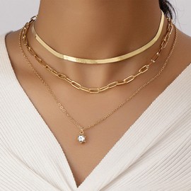 Gold Layered Necklaces for Women Chunky Gold Plated Layering Simple Chain Necklaces Set Dainty CZ Choker Necklace Paper Clip Snake Link Chain Necklace Trendy Jewelry Gifts for Girls (CZ+Snake)