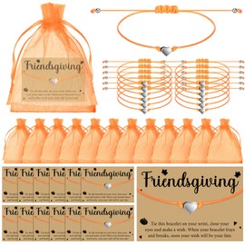 Tondiamo 12 Sets Friendsgiving Gift for Friends Heart Bracelet Adjustable String Friendship Bracelets Bulk with Greeting Cards Organza Bags for Thanksgiving Party