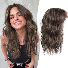MORICHY Hair Topper 16Inch Hair Toppers for Thinning Hair Women Wavy Curly Fringe Clip in Hair Topper Add Hair Volume Synthetic Wiglets Hair Pieces For Women (Brown Highlights)