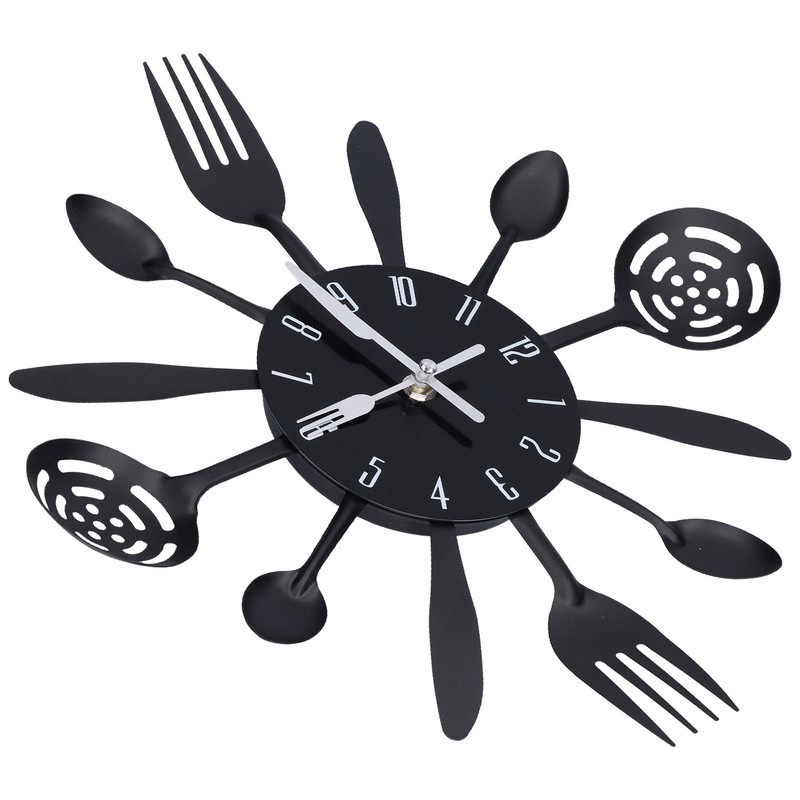 Black Kitchen Wall Clock Removable Modern Cutlery Kitchen Spoon Fork