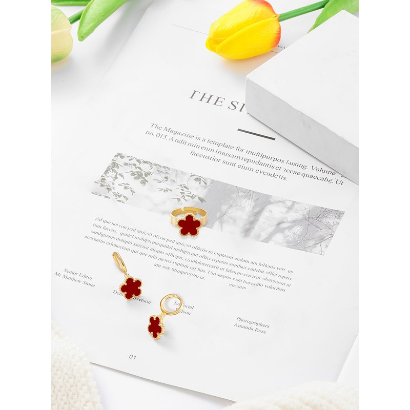 Qinpan Gold Plated Five Leaf Clover Rings and Dangle Earrings