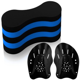 Motionchic 3 Pcs Swim Training Pull Buoy Hand Paddles Set Include 1 Buoy 2 Hand Paddles with Adjustable Straps Swim Training Equipment Kit for Adults(Black Blue)