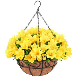 Ouddy Decor Artificial Hanging Flowers, Fake Silk Azalea Plants with Coconut Lining Hanging Baskets Outdoor for Spring Summer Yard Patio Front Porch Home Decorations, Yellow