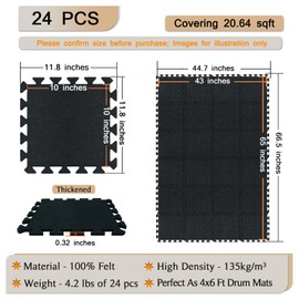 TroyStudio Thick Drum Rug Pad, 24 Pcs 11 x 11 x 0.32 inches Interlocking Sound Absorbing Rug, Non Slip Anti Vibration Sound Proof Floor Mats, Acoustic Carpet Blankets for Drum Set, Piano, Studio