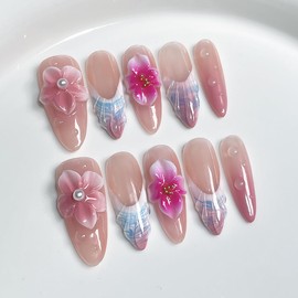 [GLORS] 3D Floral Press-On Nails, Pink French Manicure with Pearl Flower Design, Handmade False Nail 10 Pieces (M, LS)