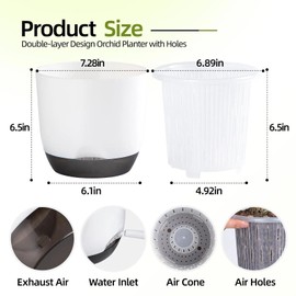 7.2Inch White Orchid Pots with Holes for Repotting, Double-Layer Plastic Self Watering Flower Pots for Indoor Plants with Drainage Holes, Clear Orchid Pot Match Decorative Orchid Container, 1 Pack