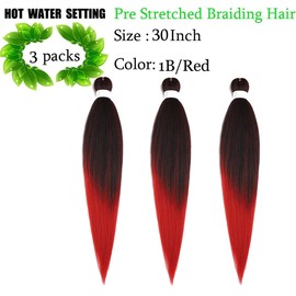 Pre Streched Braiding Hair Extensions 30 Inch 3 Packs Black to Red Synthetic Colored Braiding Hair Crochet Braids Hair Hot Water Setting Soft Yaki Texture (30",1BRed)