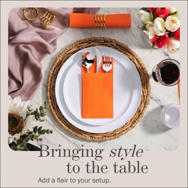 Disposable Napkins With Pocket For Flatware, 100-Pack Orange Napkins Paper For Wedding, Dinner Or Party, Built-In Pocket For Silverware, Prefolded