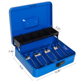 Metal Cantilever Cash Box with Combination Lock, Decaller Large Lock Money Box - 5 Compartments & 4 Spring-loaded Clips for Bills, 11 4/5" x 9 2/5" x 3 1/2"