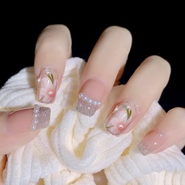 HAPVITAL Gel Nail Stickers, Pack of 24, Short, Spring and Summer Trend, Butterfly, 3D Feel, Easy to Apply, Reusable, Popular Design, False Nails, Nail Art, Nail Parts, Stylish, Beginners, Coming-of-Age Ceremony (Camellia Design)