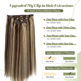 Clip in Hair Extensions Human Hair Medium Brown and Blonde Highlight Remy Clip in Hair Extensions Real Human Hair 15 Inch Short Mixed Bleach Blonde Highlights Human Hair Clip ins 70g 5pcs