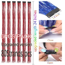CelineBella Clip In Hair Tinsel Red Tinsel Hair Extensions 80 Strands/Pcs Very Cute for Kids Girls Cosplay Party Christmas