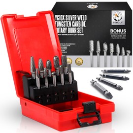 Premium-Grade Die Grinder Bits Tungsten Carbide Burr Set 1/4 Shank 10-PC Double Cut Rotary Cutting Burr Bits for Metal Grinding Dewalt Milwaukee Die Grinder Accessories + Bonus 4PC Screw Extractor Set