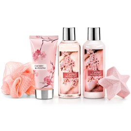 Freida & Joe Fragrance Bath & Body Collection Gift Box, Includes Shower Gel, Body Lotion, Body Scrub, Bath Bomb & Sponge (Japanese Cherry Blossom)