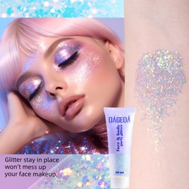 DAGEDA Body Glitter Gel, Holographic Face Glitters Body Gel Shimmer Liquid Eyeshadow, Color Changing Glitter for Face Hair Nails, Under Light Festival Makeup 1.7oz (Galaxy Blue)
