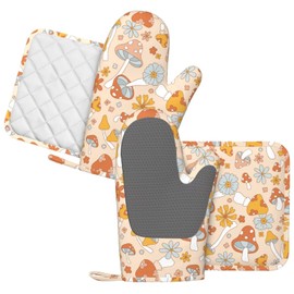 DYCBNESS Retro 70s 60s Mushroom Oven Mitts Pot Holders Set Silicone Vintage Orange Flower Boho Floral Kitchen Oven Mitts Heat Resistant Potholders Non-Slip 4pcs Hot Pads and Oven Gloves Sets for BBQ