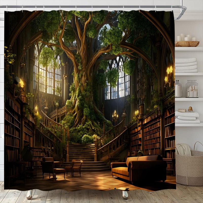 HYKHYK Library Shower Curtain Vinatge Bookshelf Magic Green Tree Forest