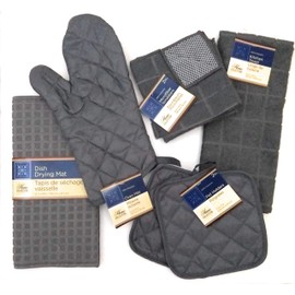 Kitchen Towel Set with 2 Quilted Pot Holders, Oven Mitt, Dish Towel, Dish Drying Mat, 2 Microfiber Scrubbing Dishcloths (Gray)