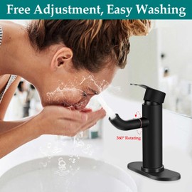 Herogo Bathroom Sink Faucet with Adjustable Spout, Matte Black One Handle Vanity Bathroom Faucet with Deck Plate & Adhesive Hooks, 360° Rotatable, for 1 or 3 Hole RV Farmhouse Sink