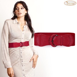 JASGOOD Women Stretchy Wide Waist Belt for Dress Ladies Elastic Belt Hook Buckle (Suit for Waist Size 31-38 Inches,Red)