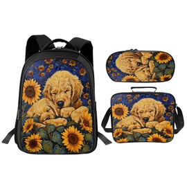 Lovira Dog Sunflower Backpack Golden Retriever Floral Bookbag 17 Inches 3PCS Set with Lunch Box Pencil Case School Bag Daypack for Kids Girls Boys Students