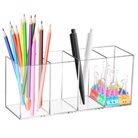 TESSTSY 4 Compartments Acrylic Pen Holder, Transparent Acrylic Pen Holder, Brush Holder, Cosmetics, Acrylic Pen Holder, for Office, School, Household Supplies (22.5 x 7.6 x 9.5 cm)