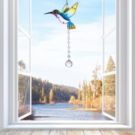 Crystal Suncatcher Hummingbird Ornament, Stained Glass Window Hanging Rainbow Maker Prism Pendant for Indoor Outdoor Home Garden Office Decoration, Gifts for Women Girls Bird Lovers (Blue）