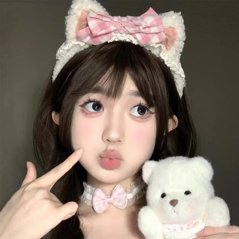White Bear Ears Makeup Headband with Bow Cute Pink Bowknot