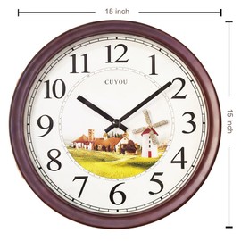 CUYOU Wooden Wall Clock with Retro Design, 15 Inches Round Wall Clocks Battery Operated Silent Non-Ticking, No Motor Noise,A Spinning Windmill, for Kitchen Living Room Classroom Gym and Pool