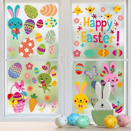 Doneace Easter Window Clings Large Easter Eggs Window Decals Painted Eggs Bunny Flowers Window Stickers for Home Office School Decor Spring Glass Window Decoration 4Pcs