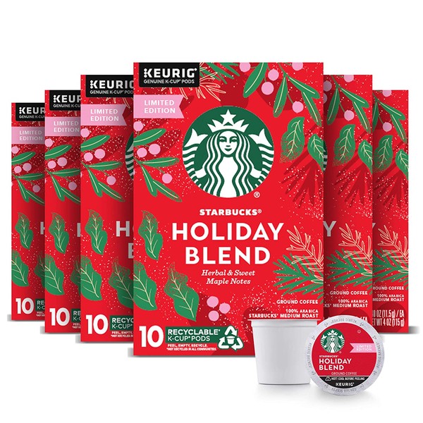 Starbucks Holiday Blend Medium Roast Coffee Single-Cup Coffee for Keurig Brewers, 6 Boxes of 10 (60 Total K-Cup Pods) | Herbal & Sweet Maple Notes