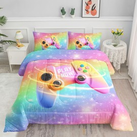 Datura home Bedding Comforter Set Rainbow Gamepad Printed Pattern Quilt with 1 and 2 Pillowcases for Girls Bedroom All Season(Rainbow Queen) Queen 90x90inches
