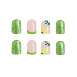MERVF Square Press on Nails Short Fake Nails Green French Tip Glue on Nails Flower Press ons with Glitter Design Spring St Patrick's Day Acrylic Squoval False Nails for Women Glossy 24pcs