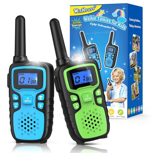 Walkie Talkies for Kids Long Range,WisHouse Xmas Birthday Gift for 4 5 6 7 8 9 Year Old Boys Girls,Camping Gear Games,Cool Toys with NOAA,SOS,Lamp,Lanyards,Easy to Use,2 Pack No Battery No Charger