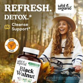 Wild & Organic Black Walnut Hull Capsules 900 mg - Detox & Cleanse Support - Black Walnut Supplement - Juglans Nigra Herb Powder - 90 Days of Supply - Vegan, No Fillers, Non-GMO - 180 Count