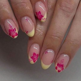 SXVME Yellow French Tip Press on Nails Short Oval, Flower False Nails Short Almond, Pink Floral Designs Full Cover Nude Pink Stick on Nails for Spring Summer Decoration 24 Pcs