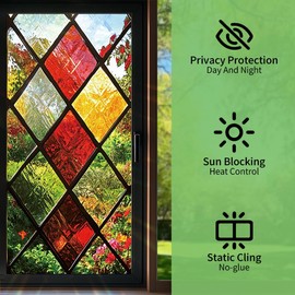 SHENGYUMY Diamond Grid Stained Glass Window Film 17.7 x 39.3 Inch Colorful Textured Static Cling Window Sticker Decorative Privacy Film No Glue Reusable Sun Blocking Window Cling for Home Office