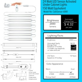 LAMPAOUS LED Dimmable Under Cabinet Lighting Kit, Hand Wave Activated Gun Safe Lighting kit, Motion Sensor Activated, Touchless Dimming Control, Warm White 6X 12 Panel (Cool White)