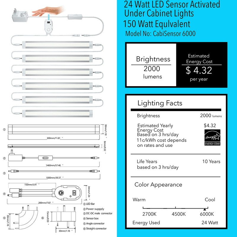LAMPAOUS LED Dimmable Under Cabinet Lighting Kit, Hand Wave Activated