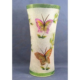 No Brand Flowers and Butterflies Vase Frosted Crackle Glass w/ Hand Painted  Flared