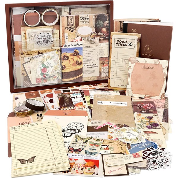 Draupnir Vintage Aesthetic Scrapbook Kit(346pcs), Bullet Junk Journal Kit with Journaling/Scrapbooking Supplies, Stationery, A6 Grid Notebook Graph Ruled Pages.DIY Gift for Teen Girl Kid Women.
