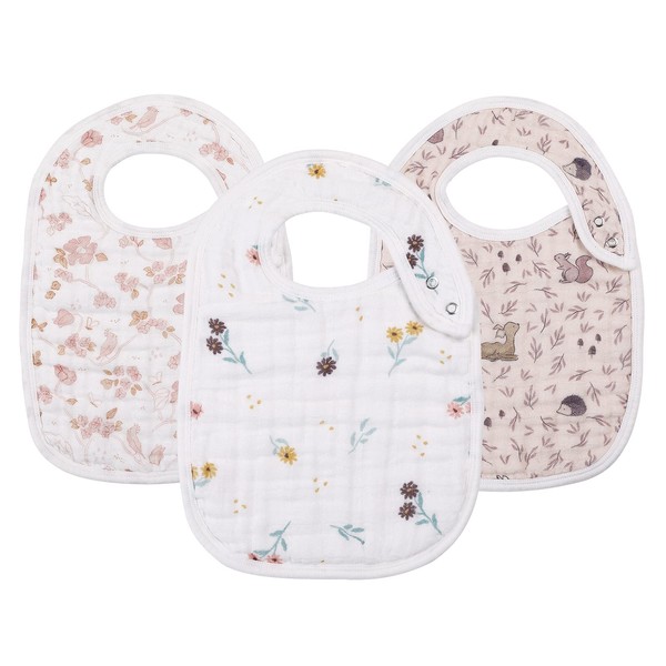 Snap Muslin Bibs for Girls, 3-Pack Baby Bibs for Infants,