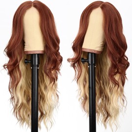 AISI HAIR Copper Blonde Wig for Women, Long Wavy Lace Hairline Middle Part Synthetic Wig for Daily Party-26 Inch