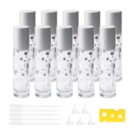 JIUWU 10Pcs 1/3Oz Glass Roller Bottles 10ml Lucky Cat Glass Roll on Bottles with Stainless Steel Rollerball Funnel Pipette & Opener, Rollon Bottles for Essential Oil Perfume, Matte Silver Cap