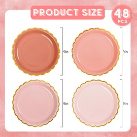 AimFun 48Pcs Dusty Pink Scalloped Party Plates Gold Foil Border Paper Plates Disposable 9inch Gradient Serving Plates for Birthday Wedding Bridal Baby Shower Party Supplies