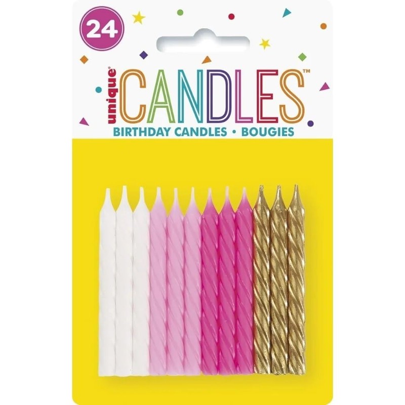 Vibrant Pink White & Gold Spiral Birthday Candles - (Pack