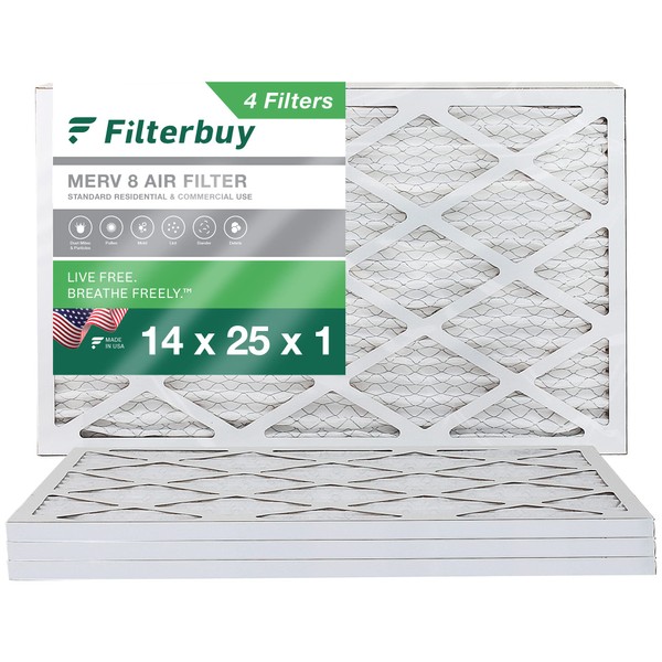 Filterbuy 14x25x1 Air Filter MERV 8 Dust Defense (4-Pack), Pleated HVAC AC Furnace Air Filters Replacement (Actual Size: 13.50 x 24.50 x 0.75 Inches)
