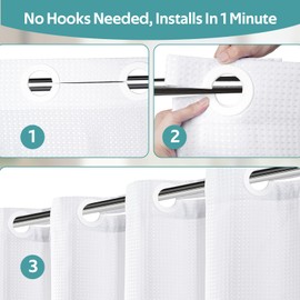Vipfree No Hook Shower Curtain, Waffle Weave Thick Fabric Shower Curtains for Bathroom, 258 GSM Luxury Polyester Cloth Bath Curtain with 12 Built in Grommets, 72W x 74H, White